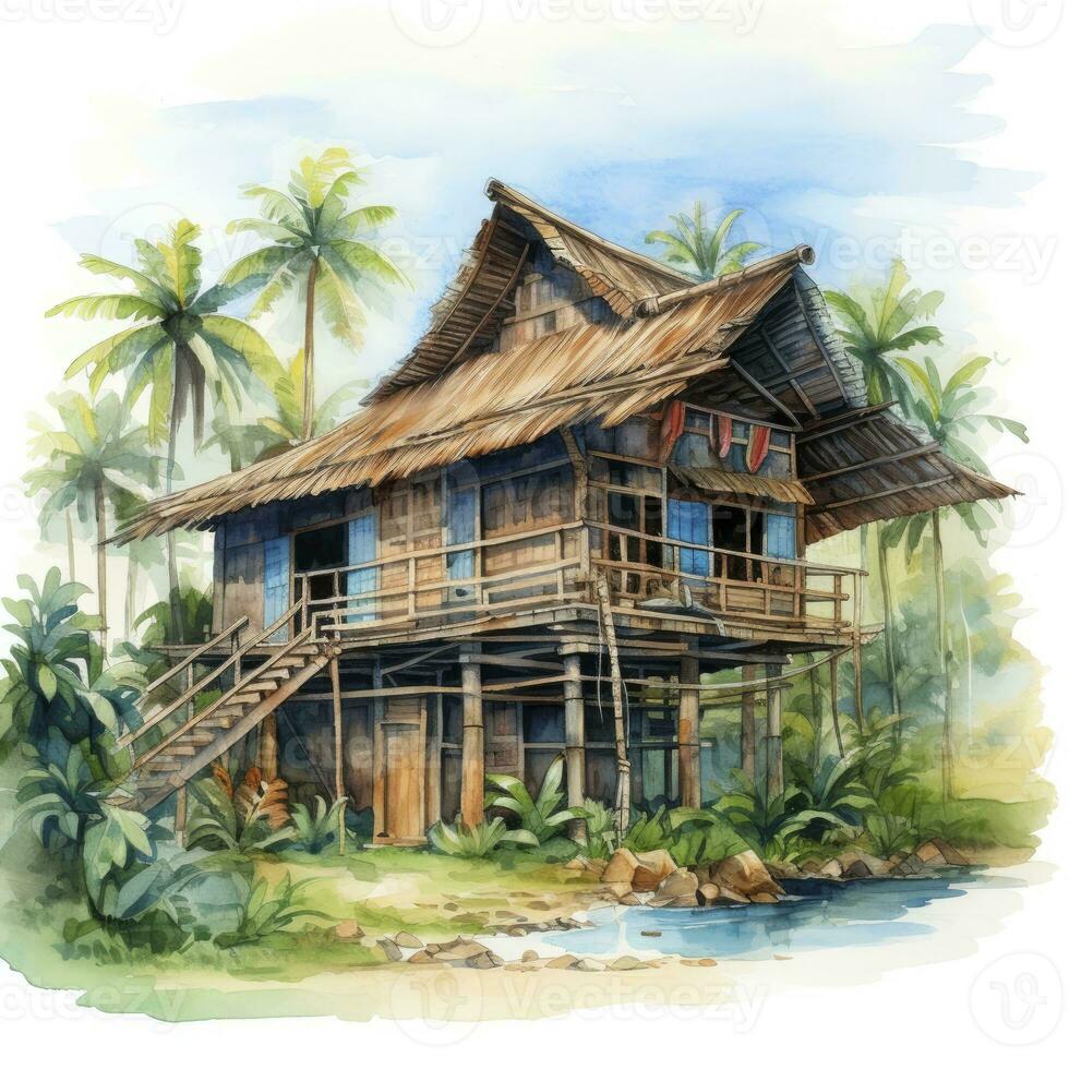 AI generated A watercolored bright serene image of a traditional bahay kubo. AI Generated photo