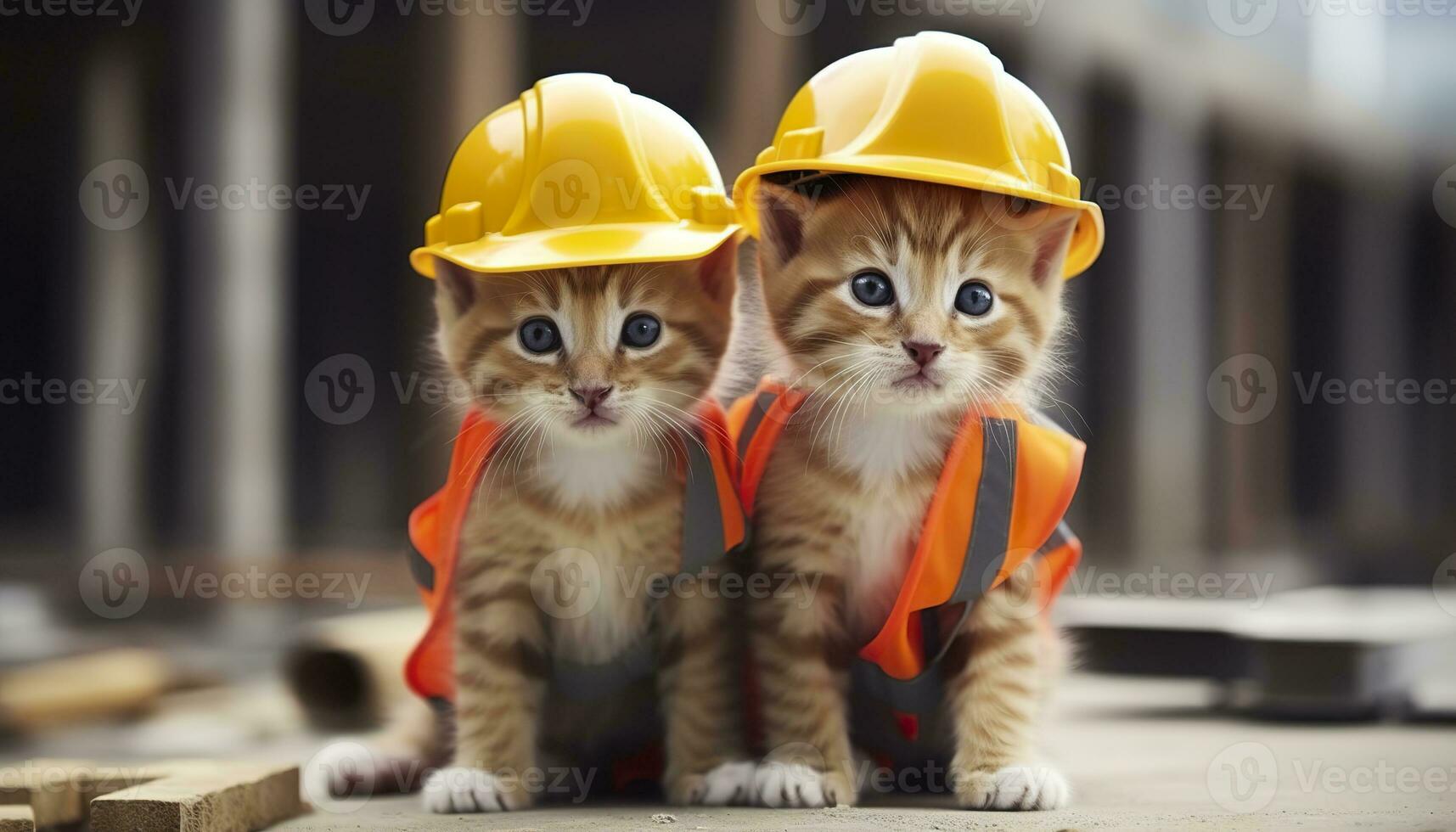 ai generado dos gatitos vistiendo difícil sombreros en un construcción sitio. generativo ai foto