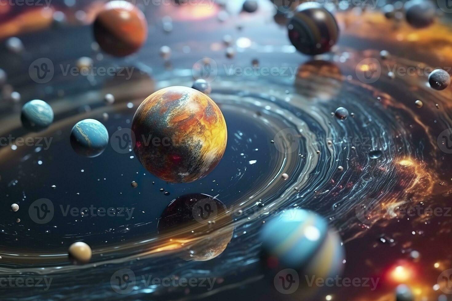 AI generated The holographic solar system of planets swimming through nebulous space time realistic close up photo. AI Generative photo