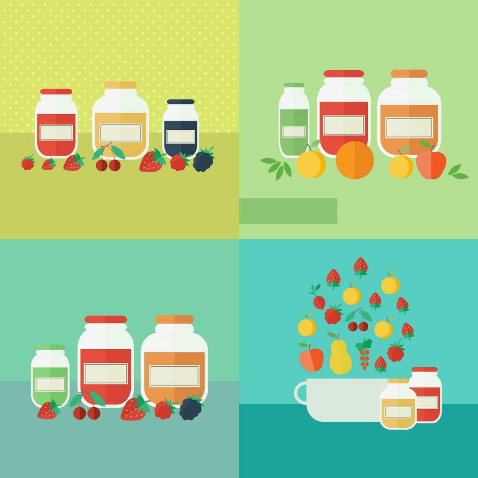 Jars and bottles with jam and fruits, berries, a pot for making jam or marmalade on the kitchen table vector