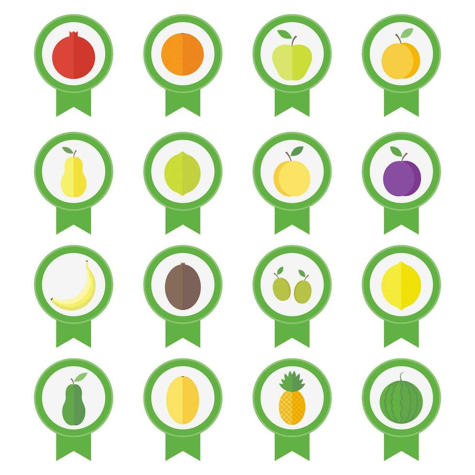 Stickers or icons with fresh fruits in flat vector