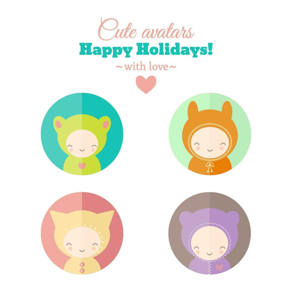 A set of round icons with children in animal costumes and winter outwear in flat vector