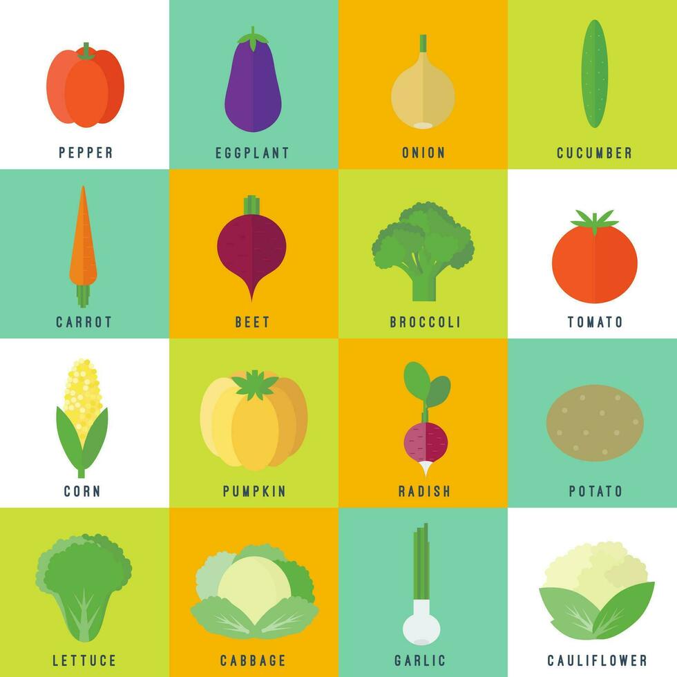 Icons with vegetables in flat vector