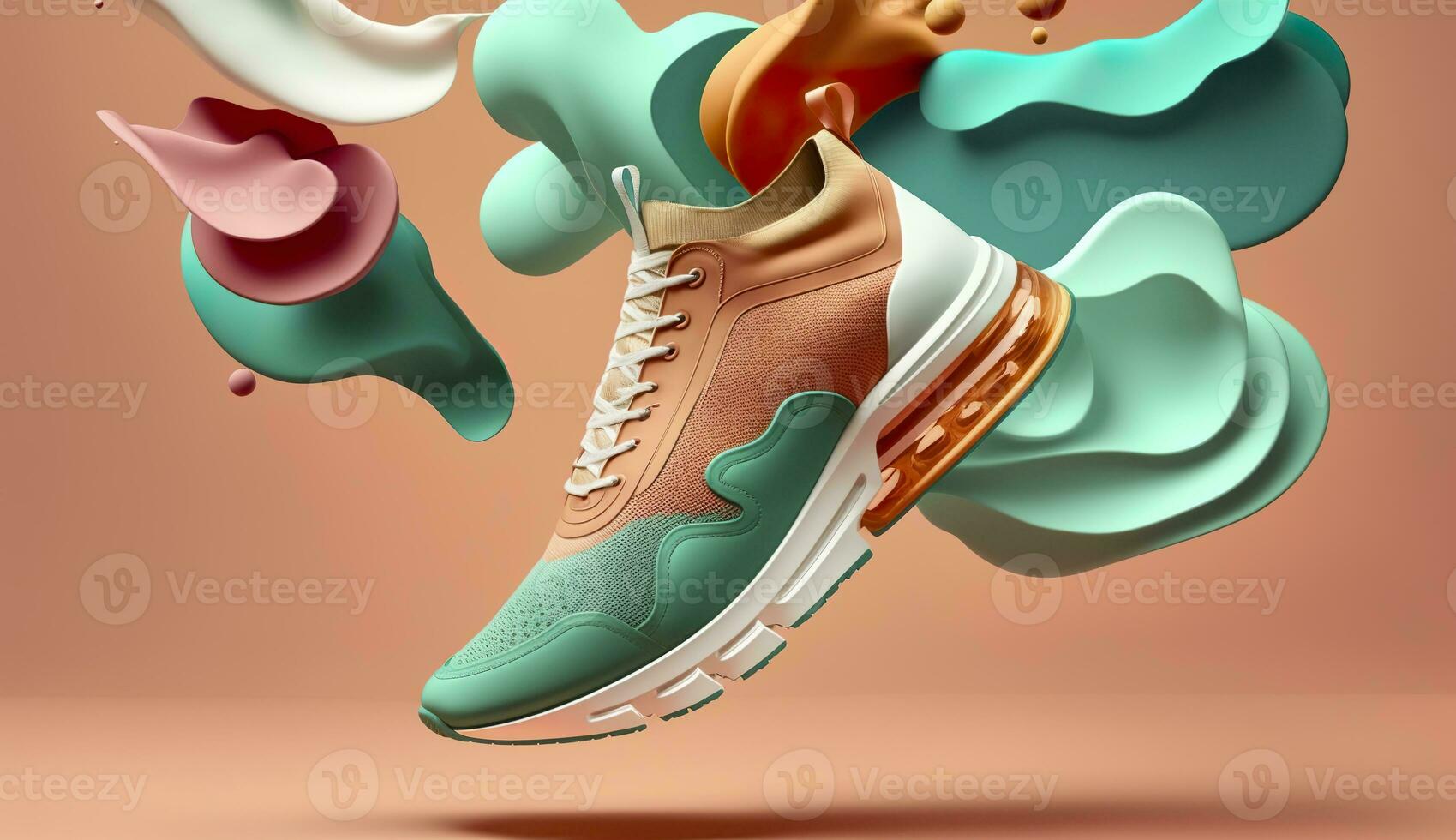 AI generated Flying trendy sneakers on creative colorful background, Stylish fashionable concept. AI Generated photo