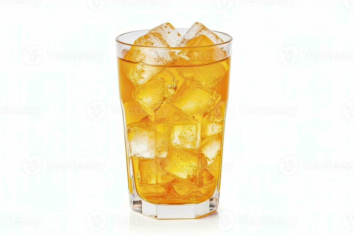 AI generated A glass of orange soda water with ice cubes on white background. AI Generated photo