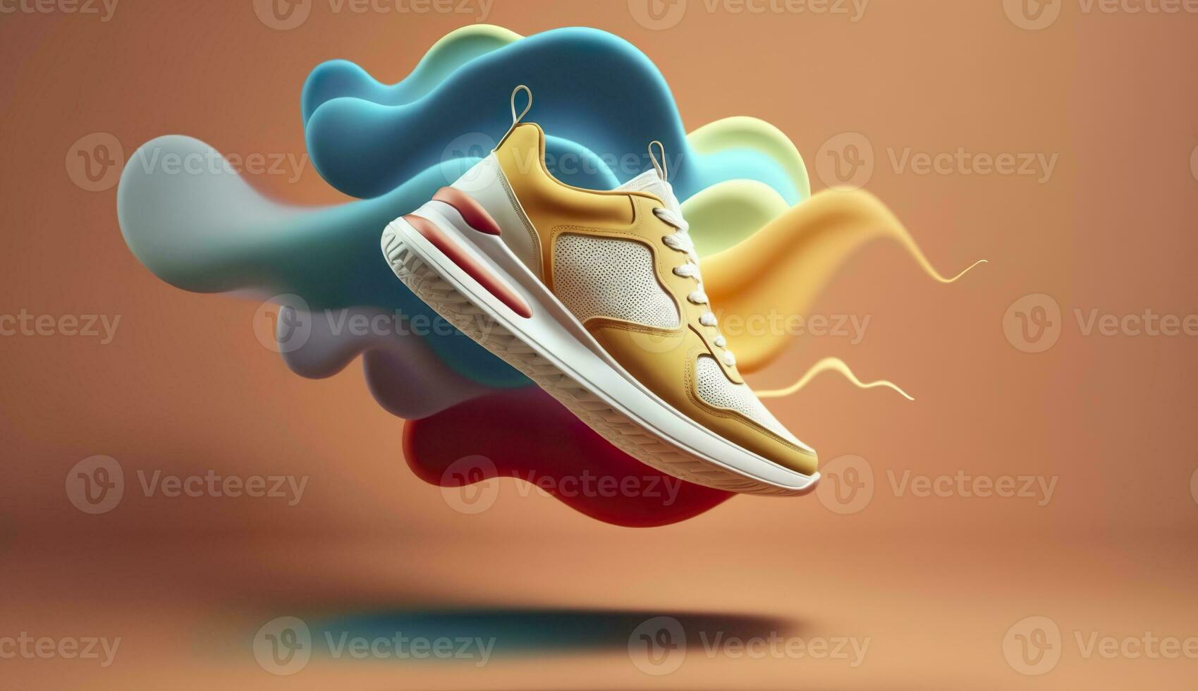 AI generated Flying trendy sneakers on creative colorful background, Stylish fashionable concept. AI Generated photo