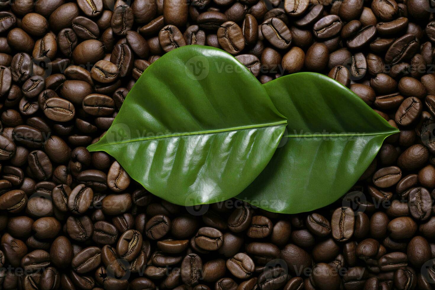 AI generated Green leaves with coffee beans as background. AI Generated photo