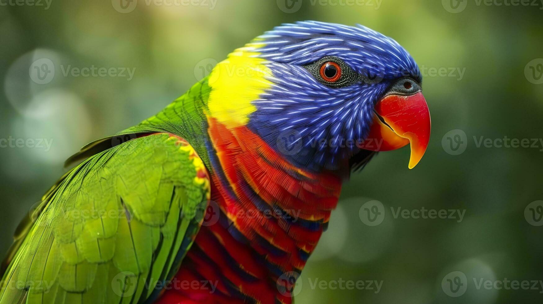 AI generated Side view Closeup of beautiful and colorful Lorikeet Green naped bird. Generative AI photo