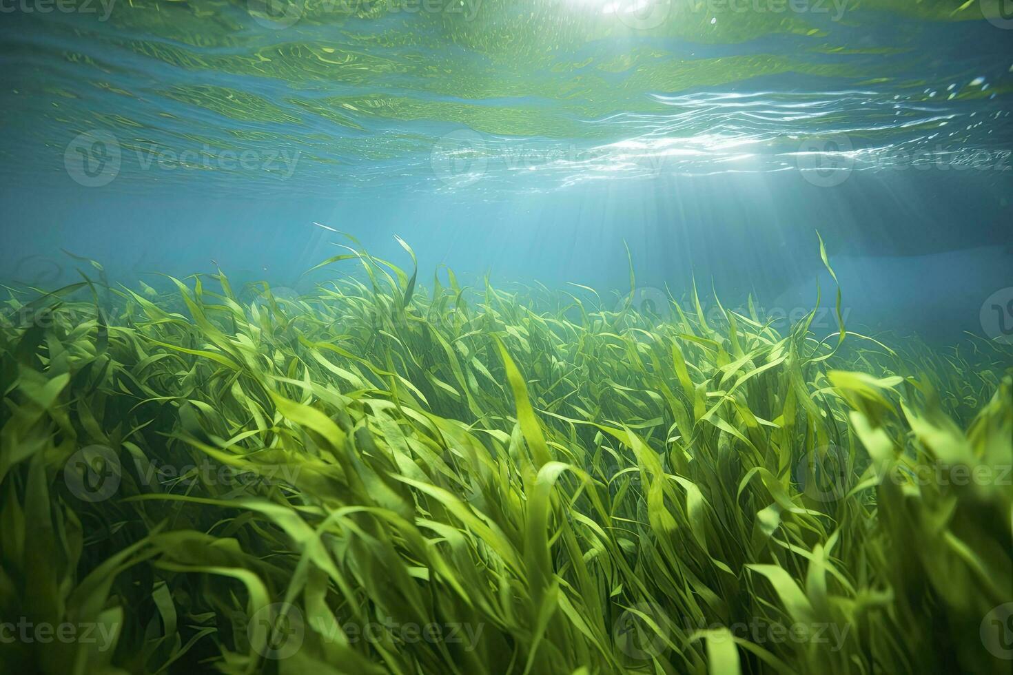AI generated Underwater view of a group of seabed with green seagrass. AI Generated photo