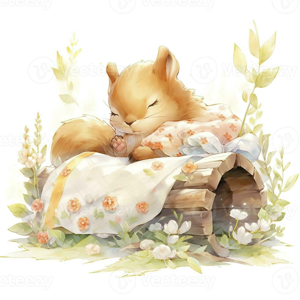 AI generated A sleepy baby squirrel in a bedding. watercolor illustration. AI Generated photo