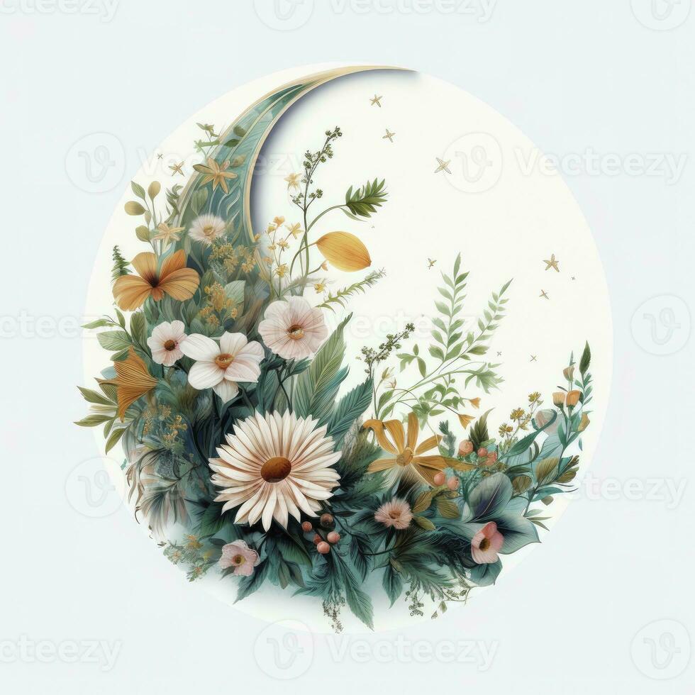 AI generated Watercolor floral Moon with greenery on a white background. AI Generated photo