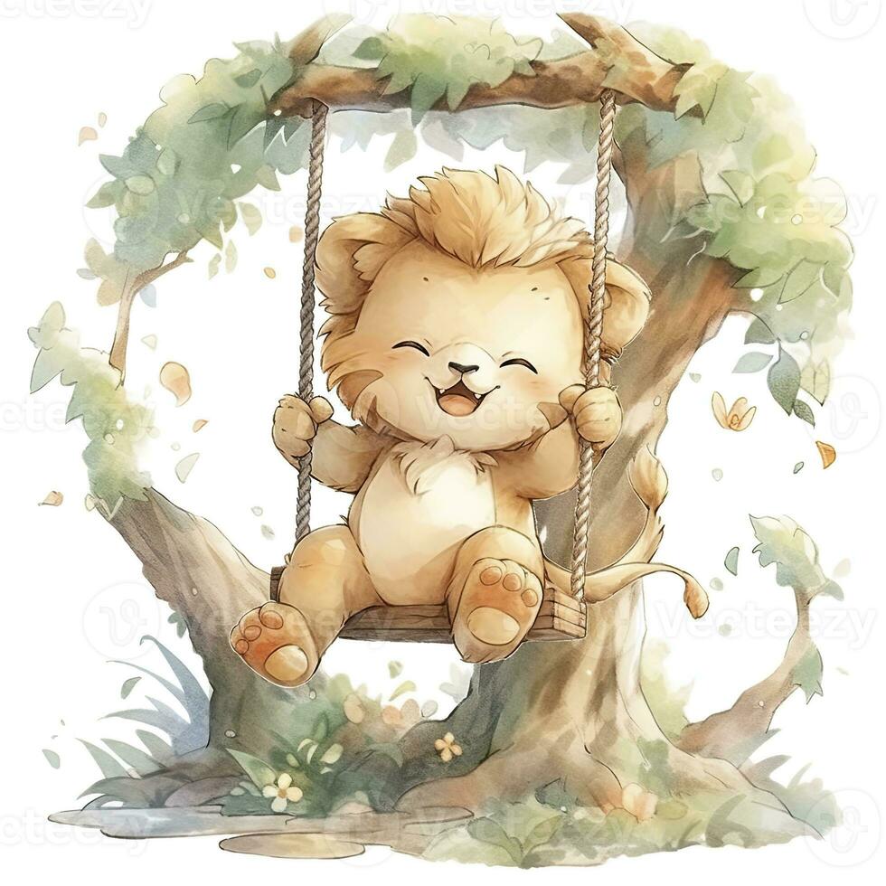 AI generated Cute and happy baby lion on swings on the tree in watercolor style. AI Generated photo