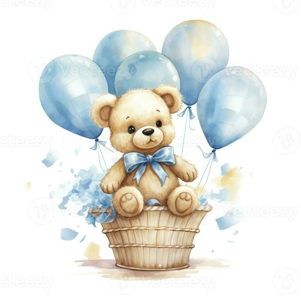 AI generated A watercolor baby teddy bear is sitting in the basket with blue and gold balloons. AI Generated photo