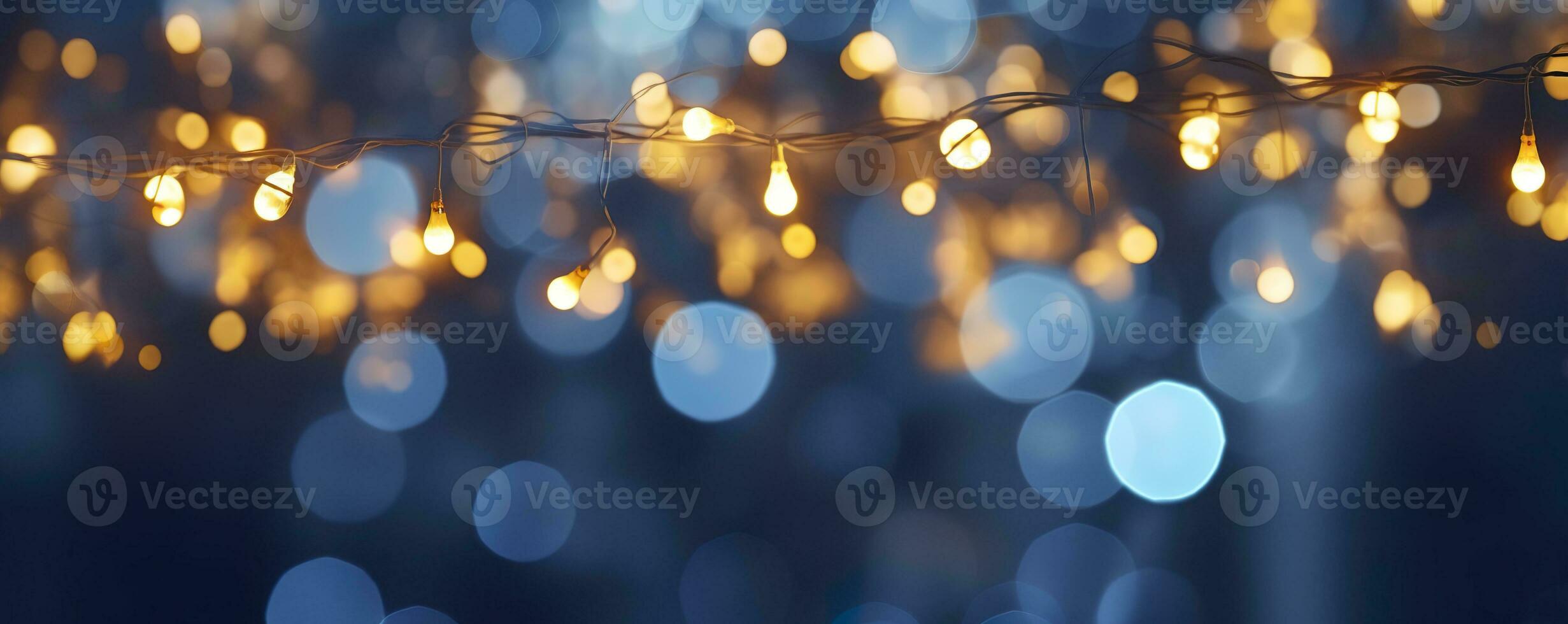 ai generado fiesta iluminación y decoración concepto, Navidad guirnalda bokeh luces terminado oscuro azul antecedentes. ai generado foto