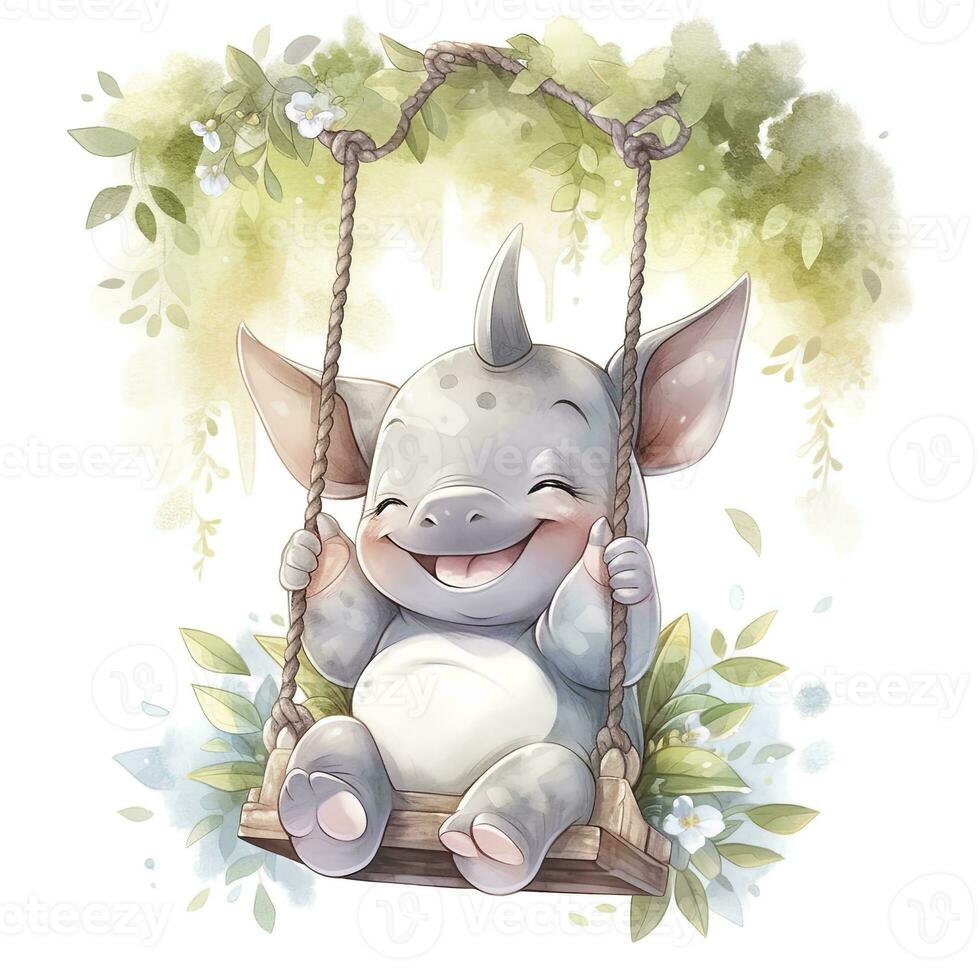 AI generated Cute happy baby rhino on swings in the tree in watercolor style. AI Generated photo