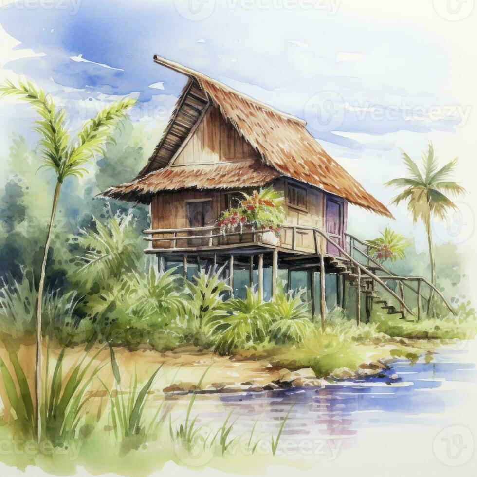 AI generated A watercolored bright serene image of a traditional bahay kubo. AI Generated photo