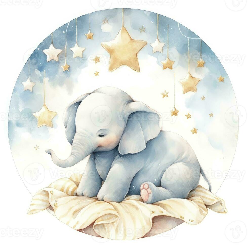 AI generated An elephant on a bed with stars and blankets around the circle. AI Generated photo