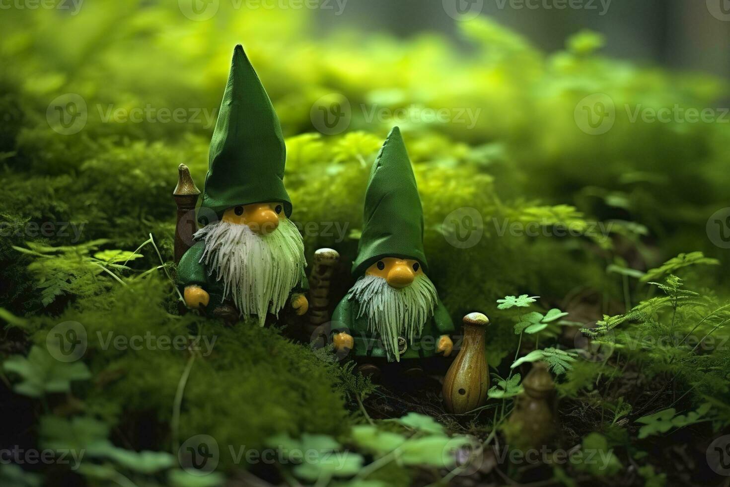 AI generated Toy Irish gnomes in a mystery forest, abstract green natural background. Generative AI photo