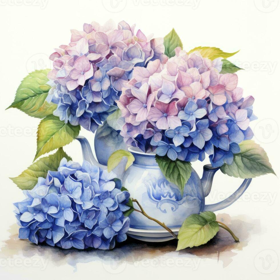 AI generated Watercolor hydrangeas in teapot isolated on white background. AI Generated photo