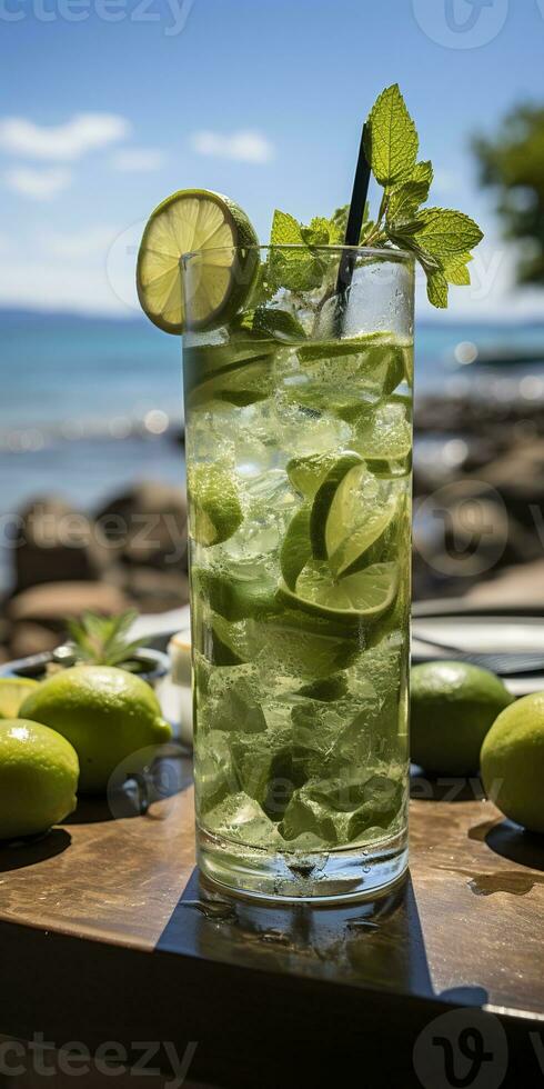 AI generated Stunning photo of cocktail mojito, a sunny summer beach in the background. Generative AI