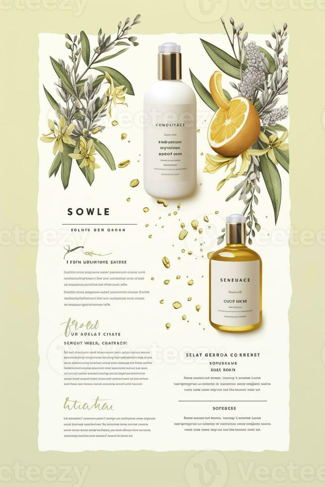 AI generated Beautiful flyer to present a store that sells products, body care, soap, cream, oil. Generative AI photo
