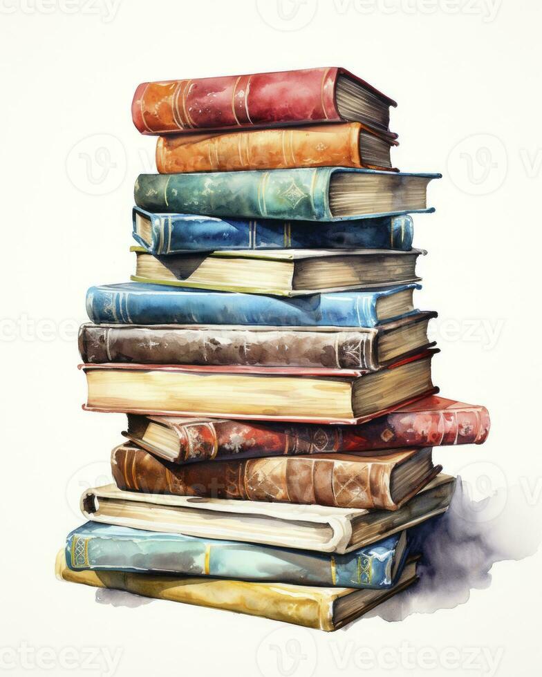 AI generated Watercolor pile of books isolated on white background. AI Generated photo