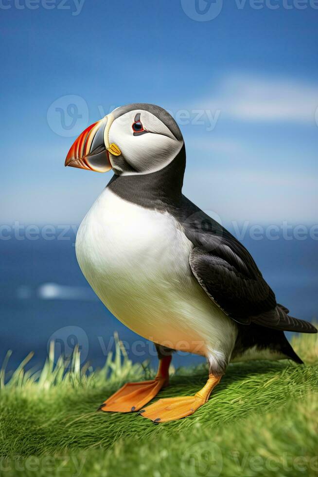 AI generated Puffin bird on a green grass patch. AI Generated photo