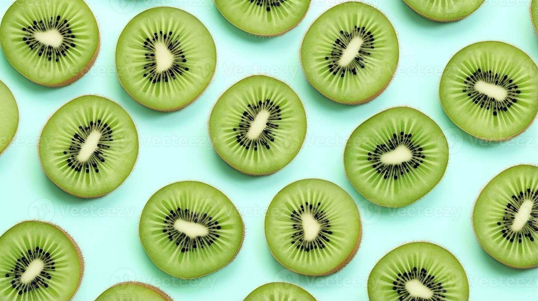 AI generated Slices of kiwi fruit and green mint leaves on a light pastel blue background. AI Generated photo