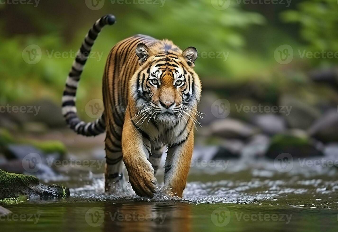 AI generated Amur tiger walking in the water. Dangerous animal.  Animal in a green forest stream. Generative AI photo