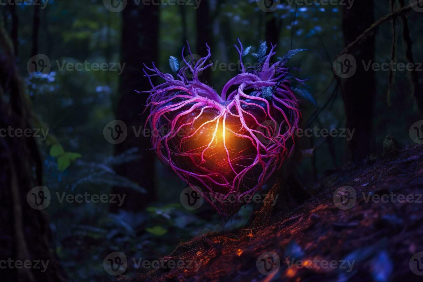 AI generated Glowing bioluminescent plant shaped like a human heart, in a mysterious forest. Generative AI photo