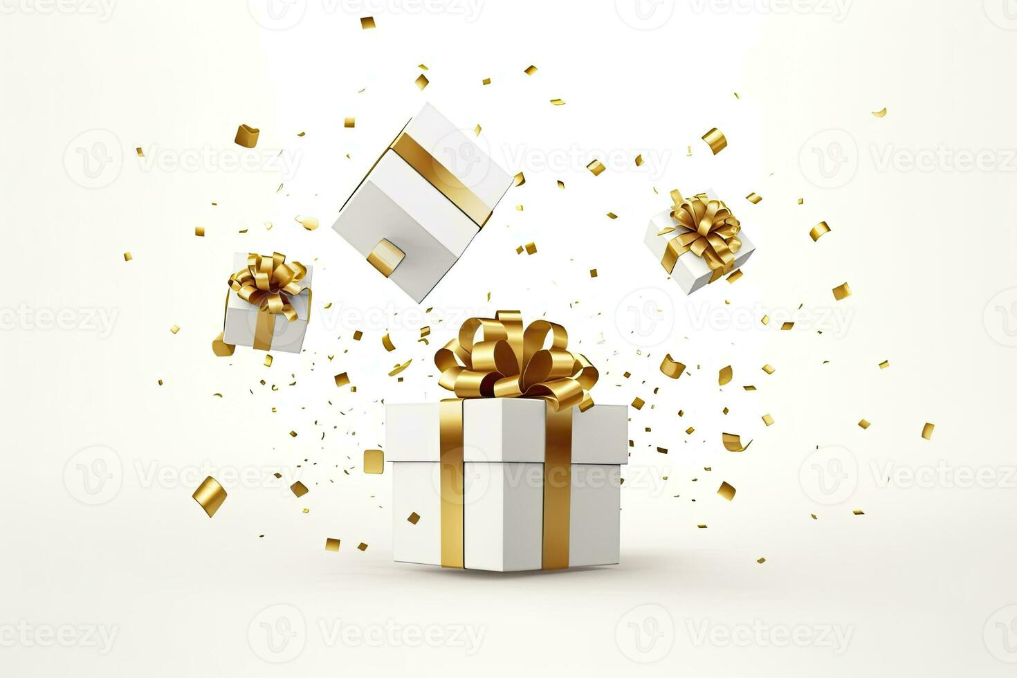 AI generated Merry New Year and Merry Christmas 2024 white gift boxes with golden bows and gold sequins confetti on white background. AI Generated photo