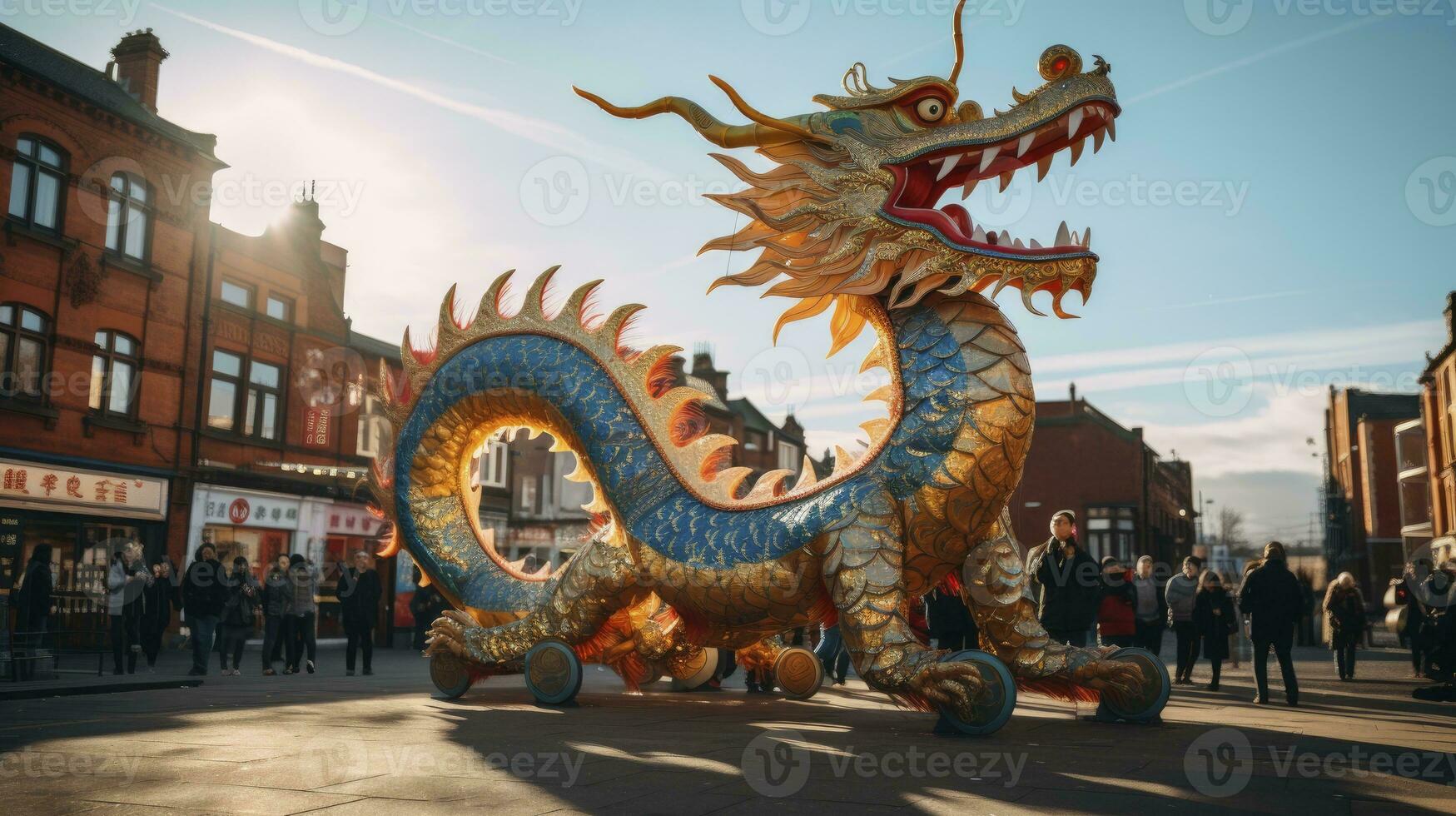 AI generated Chinese Dragon under a bright sky. AI Generated photo