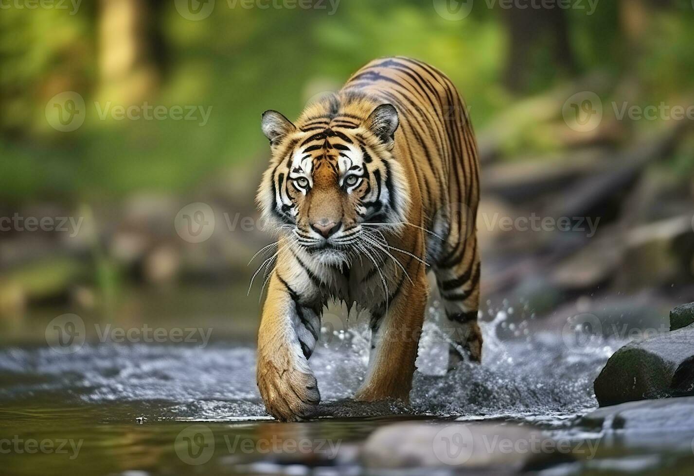 AI generated Amur tiger walking in the water. Dangerous animal.  Animal in a green forest stream. Generative AI photo