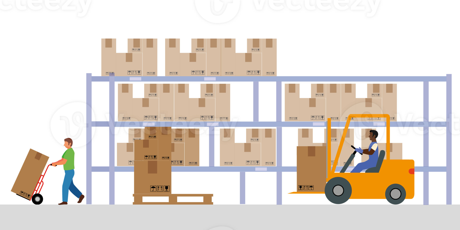 Moving boxes in the warehouse by means of a hydraulic forklift truck. Storage, sorting and delivery. Storage equipment. png