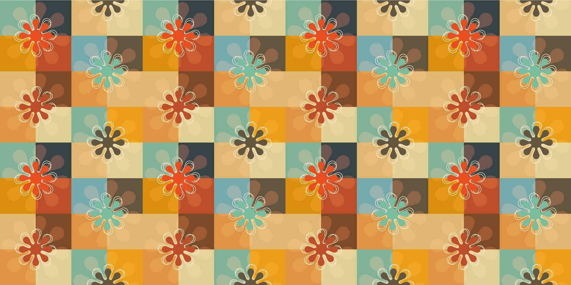 A retro style seamless pattern with a hippie flower aesthetic design and checkered vector background. Print surface for textiles, wrapping, and webs.