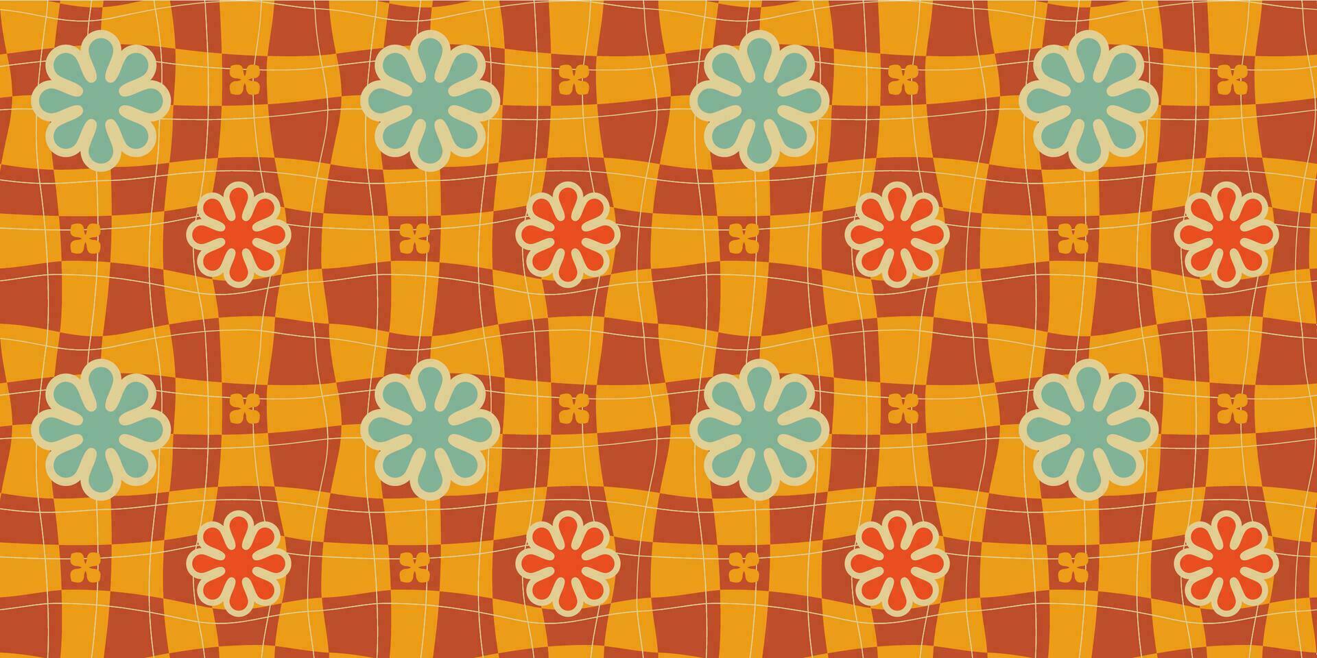 A groovy style seamless pattern with a hippie flower aesthetic design and checkered vector background. Print surface for textiles, wrapping, and webs.