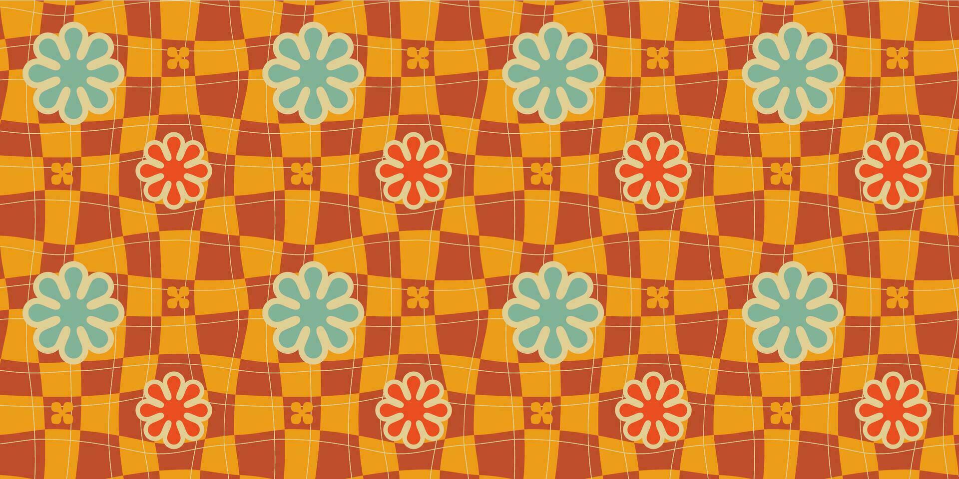 A groovy style seamless pattern with a hippie flower aesthetic design and checkered vector background. Print surface for textiles, wrapping, and webs.