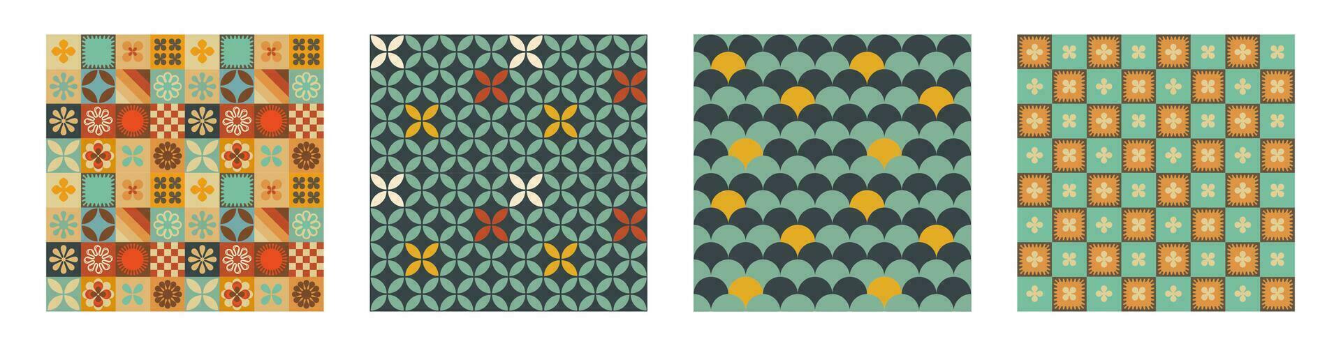 A retro style seamless patterns set with a hippie flower aesthetic design, vector background. Print surface for textiles, wrapping, and webs.