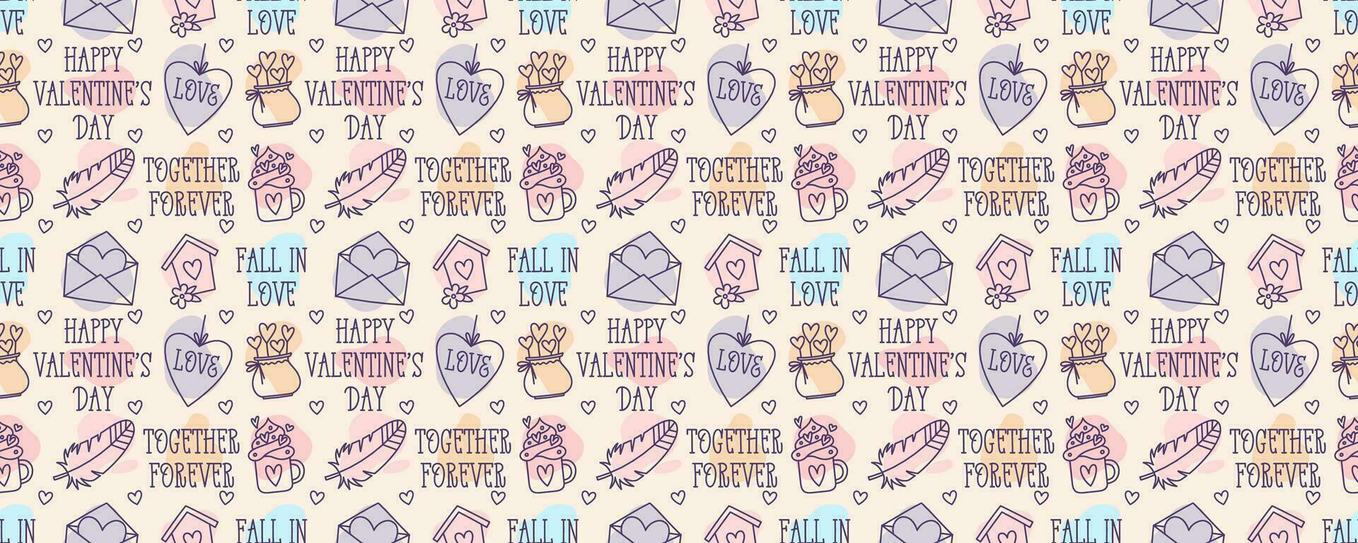 Valentines Day doodle style candy color seamless pattern, hand-drawn love theme icons and quotes cute background. Romantic mood collection. vector