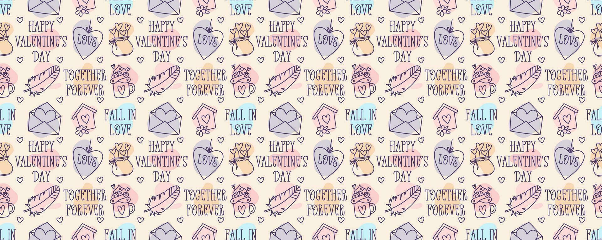 Valentines Day doodle style candy color seamless pattern, hand-drawn love theme icons and quotes cute background. Romantic mood collection. vector