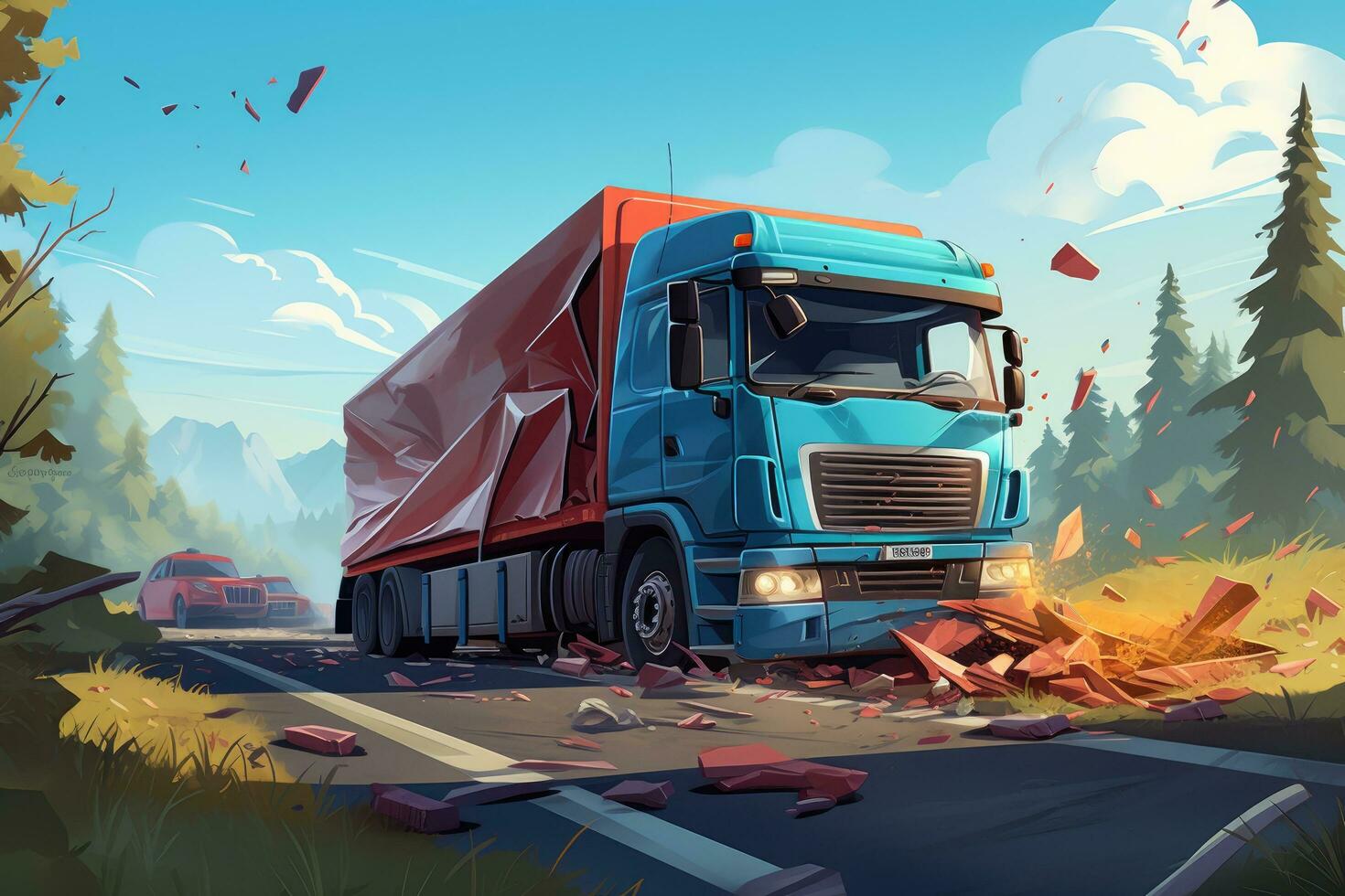 AI generated Truck on the road in the forest. Vector illustration in cartoon style, Illustrate a car crash accident involving a TIR truck on the road, AI Generated photo