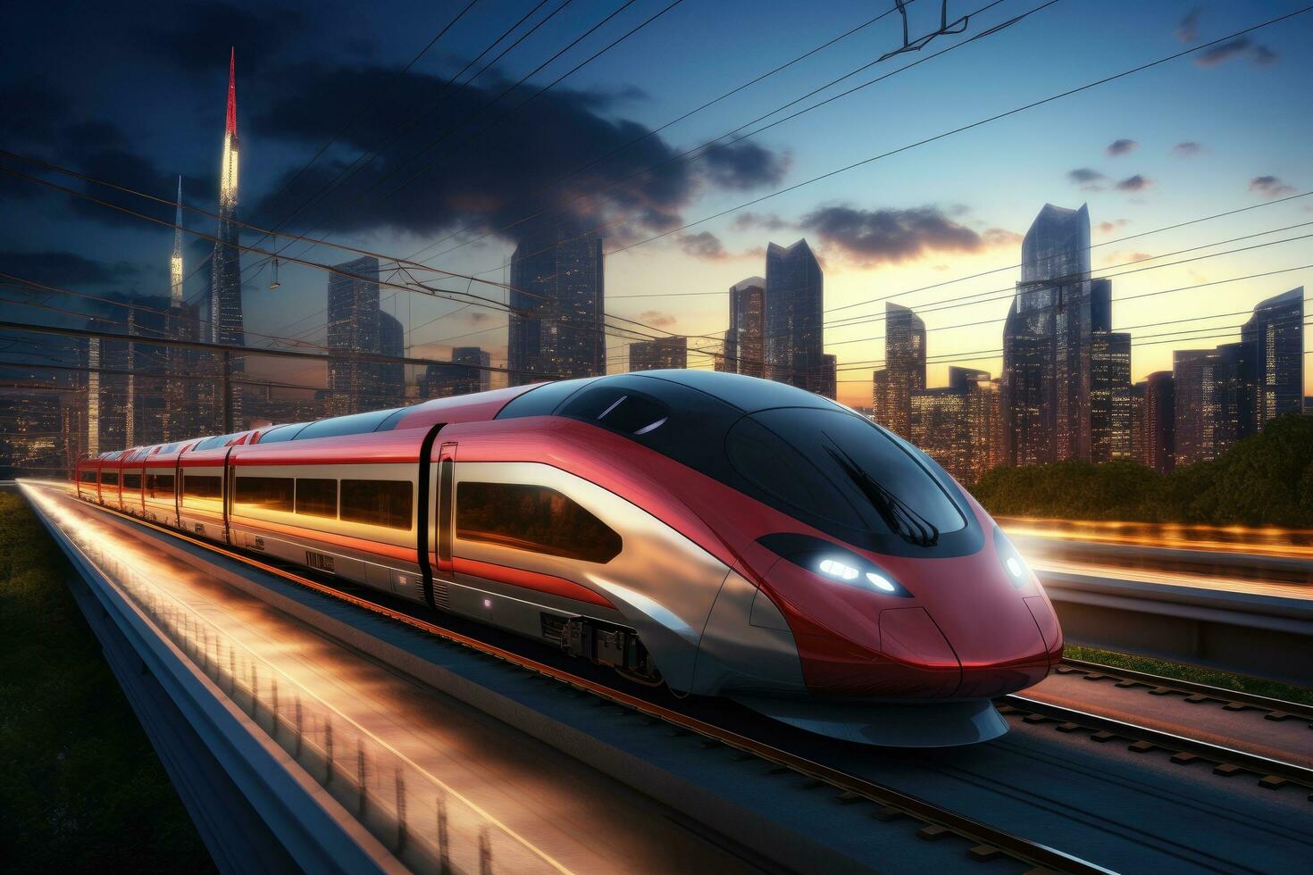 AI generated High-speed train on the road in the city. 3D rendering, High-speed train on the road to the modern city, presented in 3D rendering, AI Generated photo