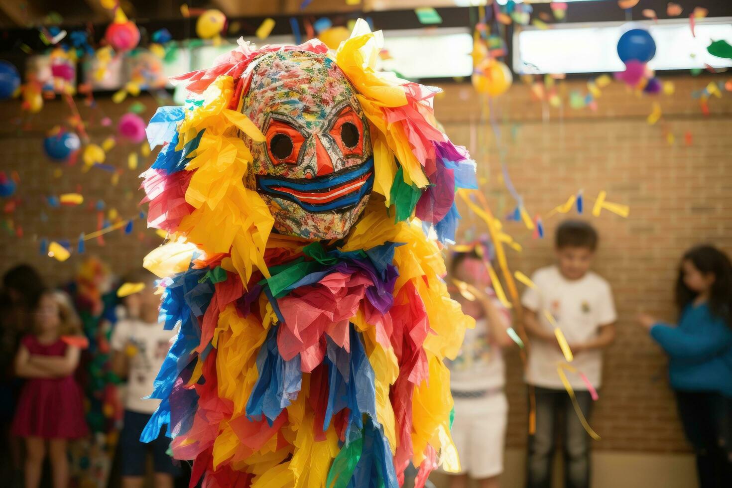 ai generado retrato de contento chico en payaso disfraz a niños fiesta en aula, un vistoso piñata a un para niños fiesta con con los ojos vendados niño Listo a balancearse, ai generado foto