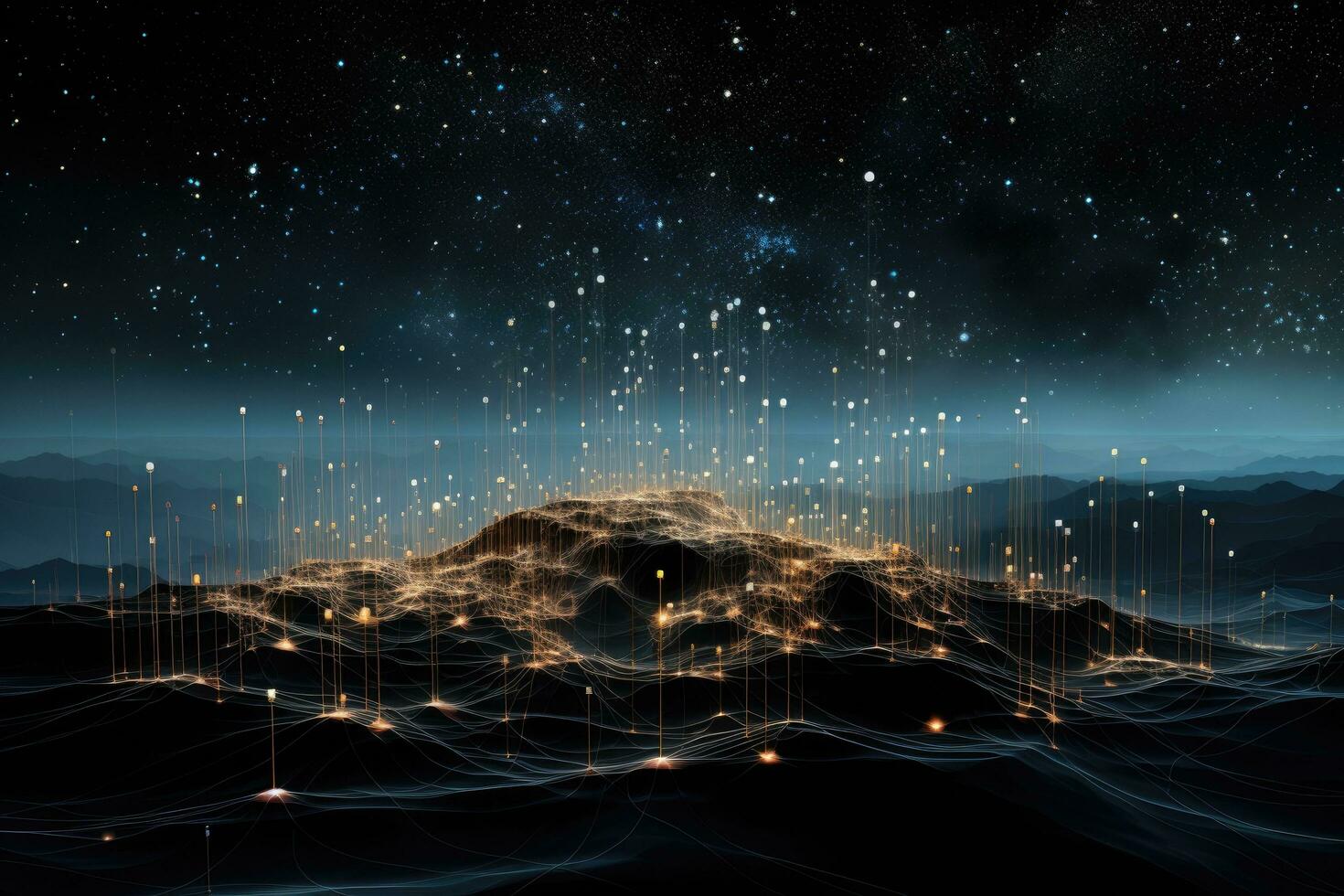 AI generated Futuristic space landscape with mountains and stars. 3D rendering, Illustrate a digital cyberspace with particles and digital data network connections, AI Generated photo