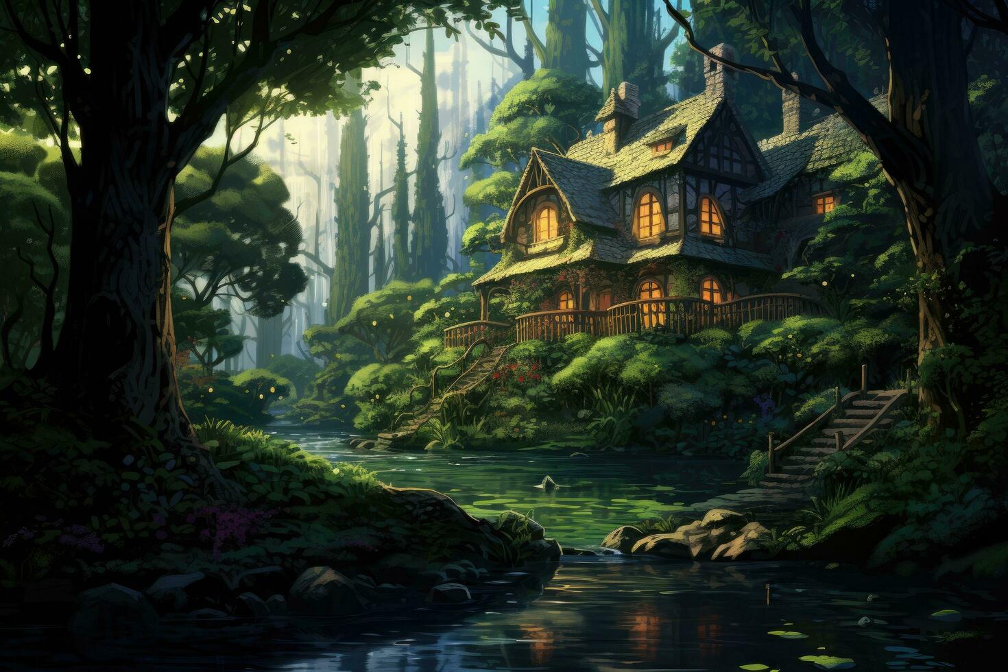 AI generated Fantasy landscape with a wooden house in the forest. 3D rendering, Illustration of a house surrounded by a lush forest, AI Generated photo
