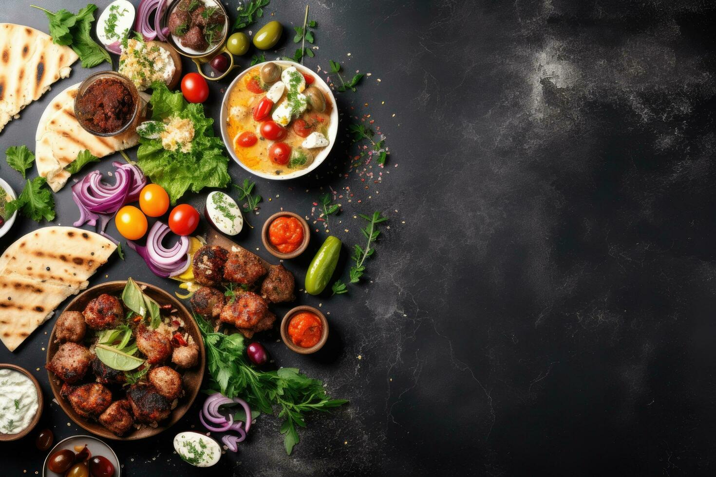 AI generated Traditional mexican food with tzatziki sauce, tortillas and vegetables, Greek food background, Meze, gyros, souvlaki, fish, pita, Greek salad, tzatziki, assortment of feta, olives photo