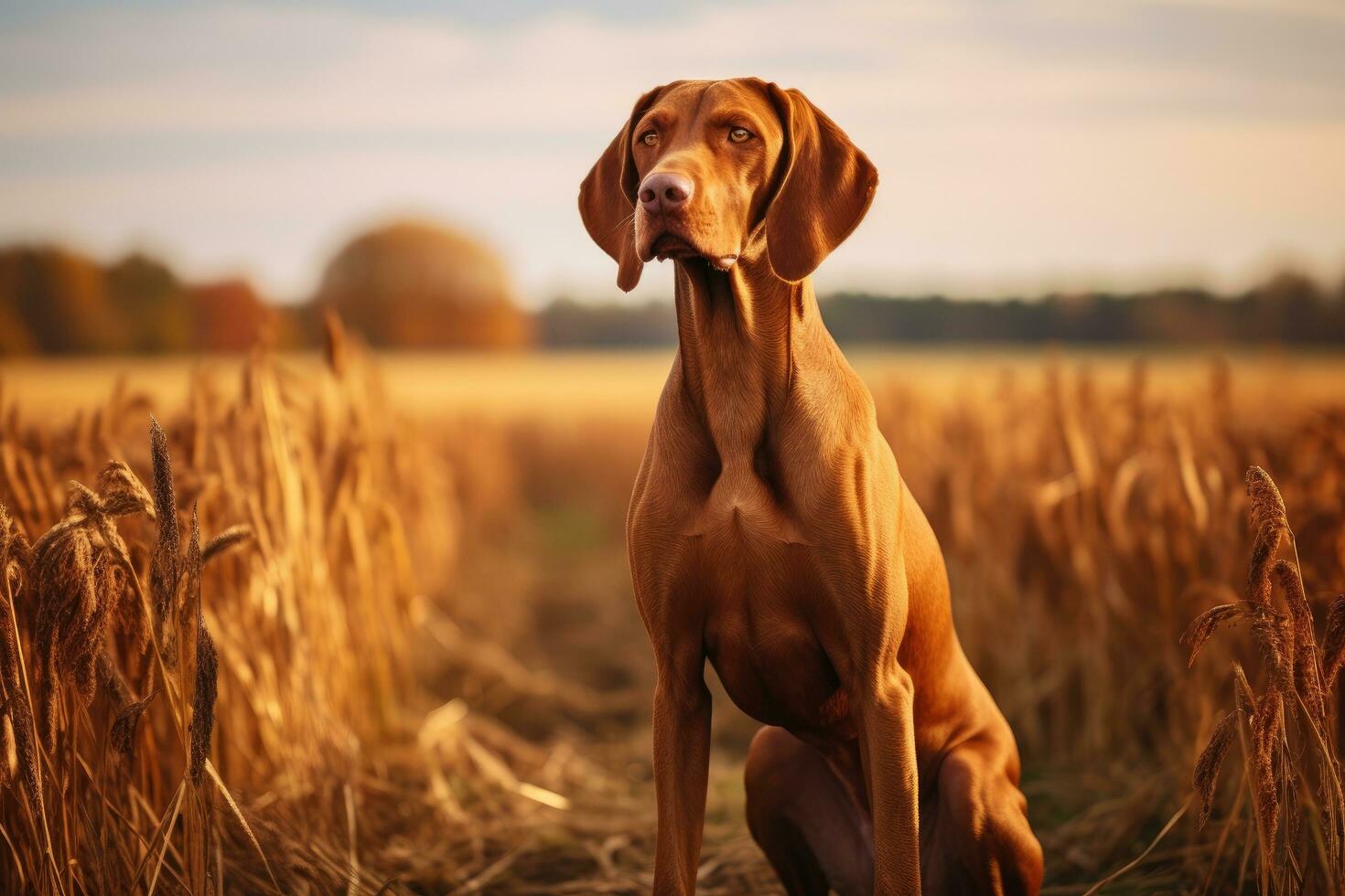 AI generated Portrait of a Rhodesian Ridgeback dog in the field, Hungarian hound pointer vizsla dog in autumn time in the field, AI Generated photo