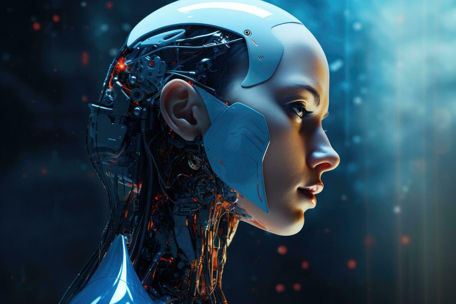 AI generated Cyborg woman in dark background. Artificial intelligence concept. 3D rendering, High-tech robot in a close-up view portrait against a digital background, AI Generated photo