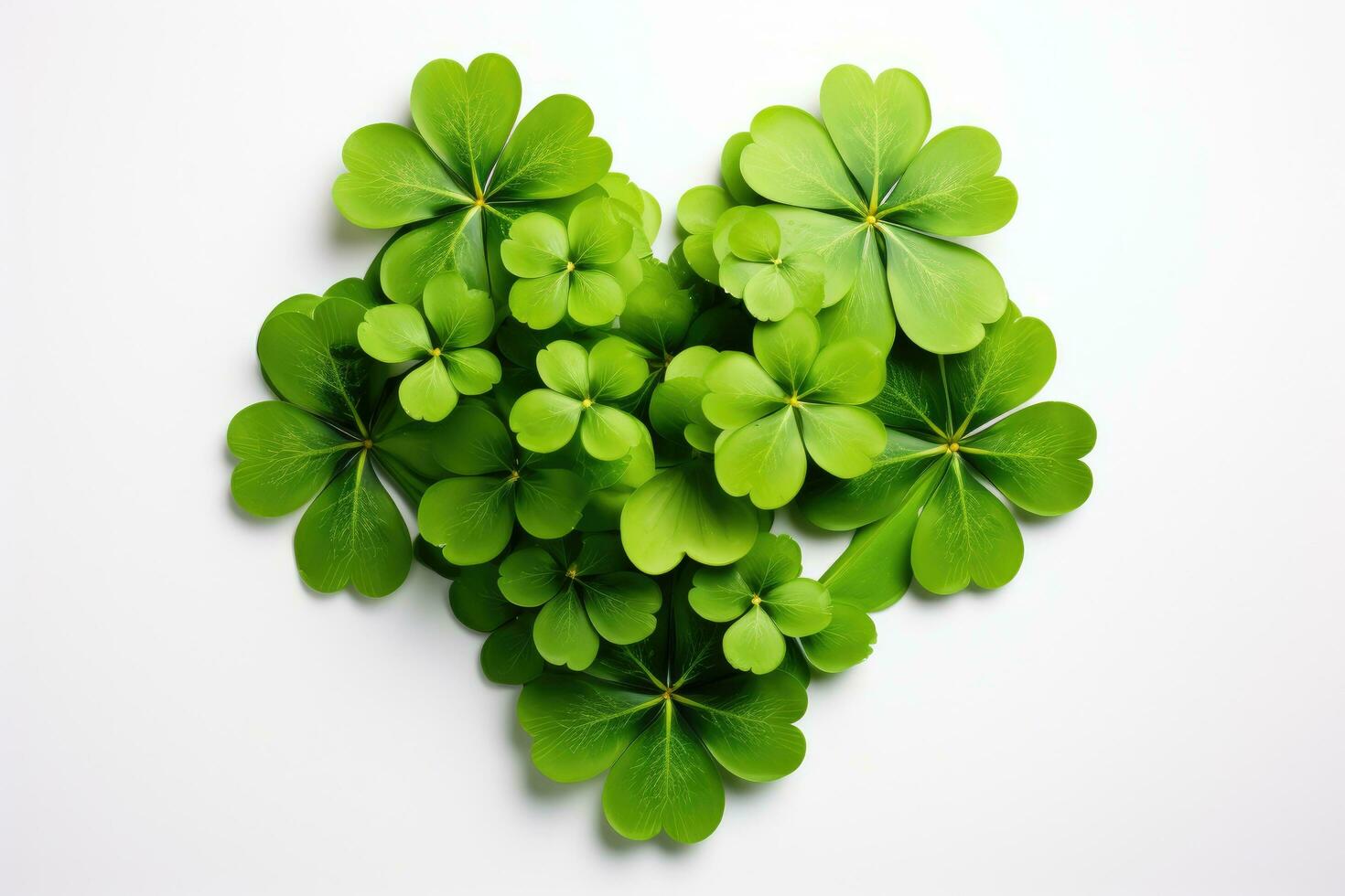 AI generated Green clover leaves on white background. St.Patrick's Day, Happy st patricks day decoration concept made from shamrock, AI Generated photo