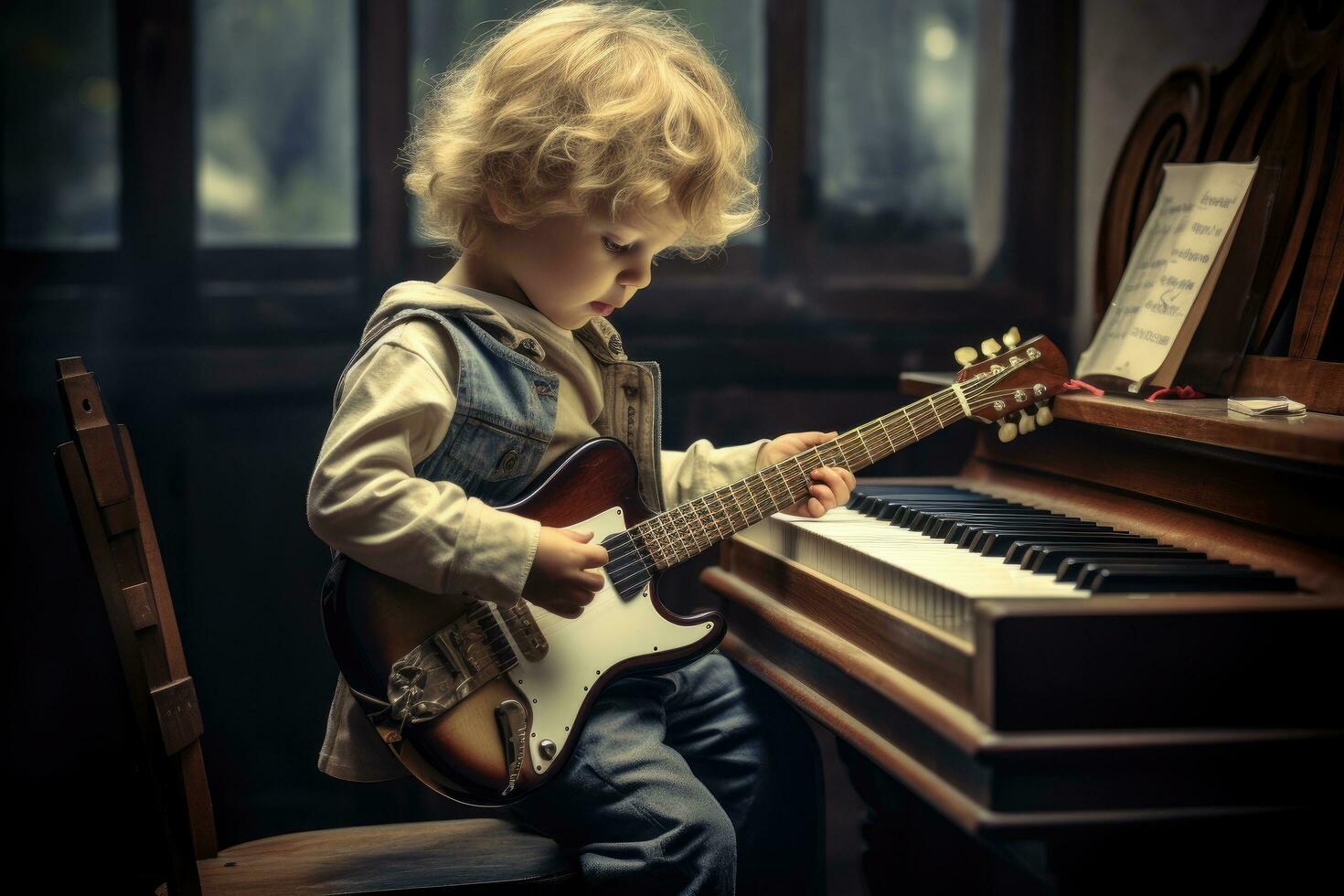 ai generado pequeño chico jugando el guitarra a hogar. niño aprendizaje a jugar, un niño aprendizaje a jugar un música instrumento, ai generado foto